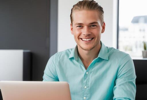 AI Generated Casual businessman with a laptop in a light-filled office. Productive and approachable professional setting. photo