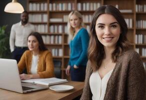 AI Generated Portrait of a smiling businesswoman at a desk with colleagues. Professional setting with bookshelves and laptop. photo