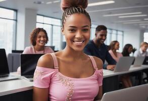 AI Generated A confident female student with a tablet in a classroom, showing readiness and ambition. photo