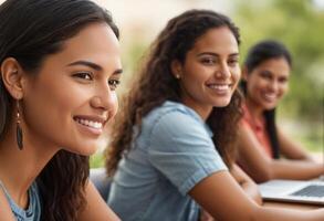 AI Generated Students are engaged in learning in an outdoor setting, looking focused and interested in the activity. photo