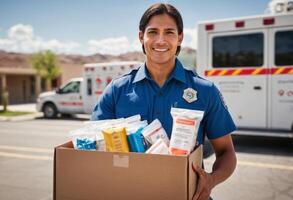 ai generado un entrega hombre al aire libre que lleva un caja, mostrando un compromiso a Proporcionar oportuno y eficiente servicio. foto