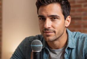 AI Generated A thoughtful man looks at a smart home device, contemplating the convenience it brings to his daily life. photo