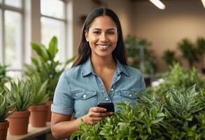 AI Generated A woman enjoys indoor gardening, tending to potted plants with a watering can. photo