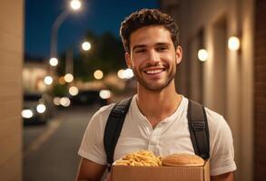 AI Generated A man delivers food at night, providing convenient service and a friendly interaction. photo