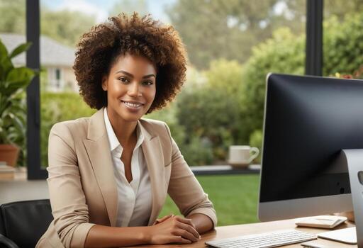 AI Generated Smiling woman works from a well-lit home office, displaying professionalism. Her workspace is neat with personal touches. photo