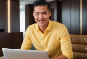 AI Generated A professional man in a bright yellow shirt works on his laptop in a vibrant workspace. His radiant smile reflects a positive and energetic work atmosphere. photo