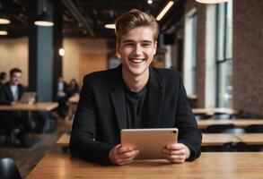 AI Generated A businessman in a stylish black jacket works with a digital tablet in a co-working space. His cheerful expression shows enjoyment in his work. photo