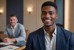 AI Generated Young man smiling confidently in a business setting with colleagues. photo