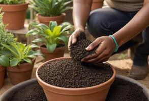 AI Generated A person is busy potting plants in a garden, focusing on the soil and plant health. The action represents care and attention to horticulture. photo