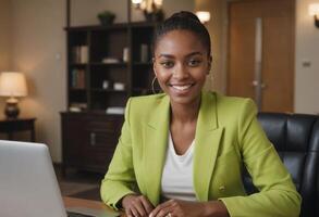 AI Generated Smiling professional woman in a bright green blazer at her desk. Office setting with a sleek, modern design. photo