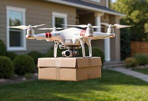 AI Generated A drone hovers over a front yard delivering a package, representing modern logistics. photo