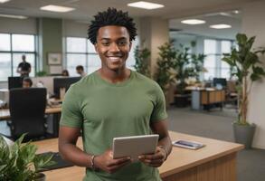 AI Generated Young man in casual clothing holding a tablet in a busy office setting, looking at the camera with a friendly smile. photo