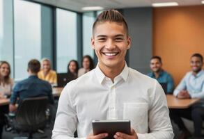 AI Generated A smiling man holding a tablet with a blurred group of people in the background. photo