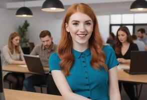 AI Generated A smiling redhead woman confidently positioned in a collaborative workplace, embodying teamwork and approachability. photo