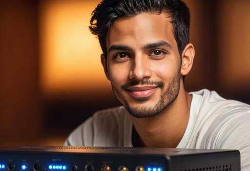 AI Generated A man focuses on configuring network equipment in a server room, involved in IT and network maintenance. photo