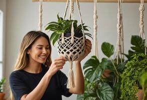 AI Generated Woman arranging indoor plant in a hanging pot. Depicts indoor gardening and home decoration. photo