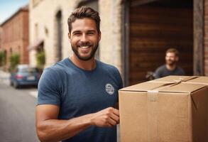 AI Generated A man grins while holding a cardboard box outside, possibly making a delivery. photo