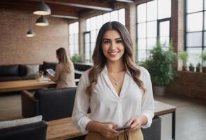 ai generado mujer participación un tableta en ocupado oficina, listo y profesional. dinámica y moderno trabajo ambiente. foto