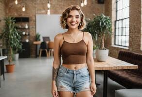 AI Generated A stylish young woman stands in a trendy loft workspace. Her casual crop top and confident stance exude creativity and modern professionalism. photo