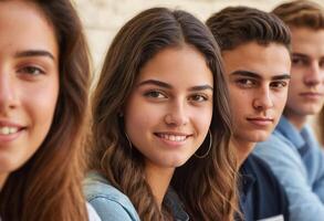 ai generado un grupo de joven estudiantes es comprometido en un animado discusión, compartiendo ideas y perspectivas foto