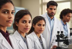 AI Generated Two female lab technicians focusing on their work. They are using a microscope in a laboratory setting. photo