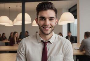 AI Generated Young man in smart dress smiling in the office. Confident and friendly professional atmosphere. photo