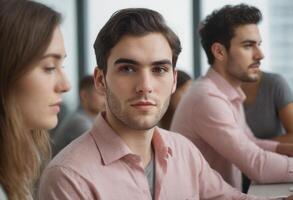 AI Generated Man in meeting with pensive expression, group collaboration. Serious professional atmosphere. photo