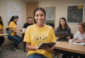 AI Generated A cheerful female student holding a tablet in a classroom setting surrounded by peers. Her smile radiates positivity and enthusiasm for learning. photo