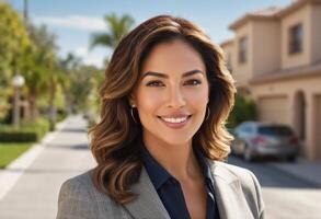 AI Generated A confident businesswoman stands outdoors, possibly near her workplace, portraying professionalism and confidence. photo