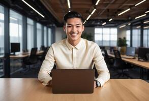 AI Generated Businessman with a laptop in a sleek office environment. Confident and contemporary professional setting. photo