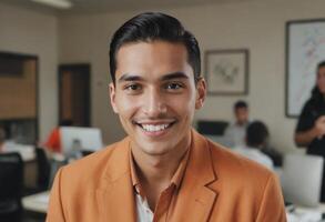 AI Generated A professional young man smiling confidently in a modern office. photo