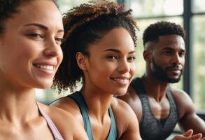 AI Generated A woman reflects on her progress in a gym mirror. The scene conveys contemplation and determination. photo