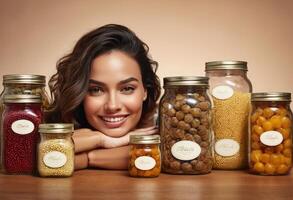 AI Generated Woman lying behind jars of preserved foods, showcasing homemade cuisine. Represents food preservation and culinary skill. photo