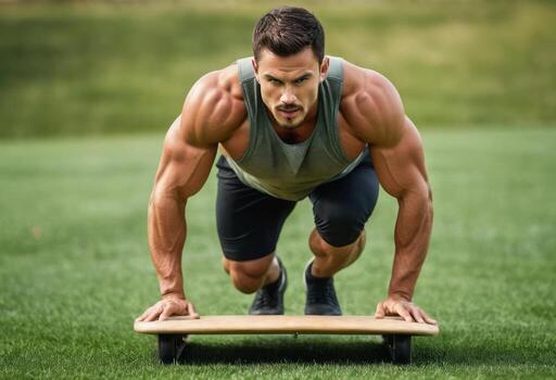 AI Generated A man performs push-ups outdoors on a sunny day. The focus is on his strength and commitment to fitness. photo