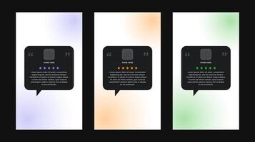 Client review templates for social media stories and flyers. Customer testimonial in the form of speech dough with text and star rating. Customer feedback vector design with soft color gradient.