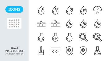 Water balance icons. Test for measuring ph. Paraben free. Safe for skin. Hypoallergenic organic product. Set line icons on white isolated background. Pixel perfect, editable stroke. vector