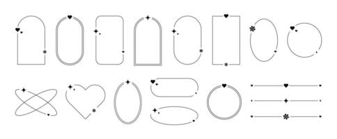 Aesthetic frames with y2k elements and aura. Borders with decorations with hearts, flowers and sparkles. Collection of vector isolated illustrations on a white background.