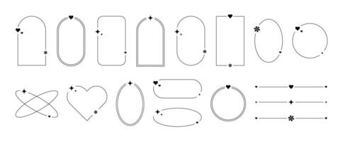 Aesthetic frames with y2k elements and aura. Borders with decorations with hearts, flowers and sparkles. Collection of vector isolated illustrations on a white background.