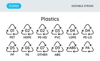 Plastics recycling codes icons. Triangular environmental symbols of materials. Set of elements on a white background. Editable stroke. vector