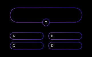 Quiz questions game template. Multiple choice test. Used in answer shows on TV and social media. Vector gradient design on black background.