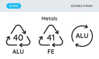 Metals recycling codes icons. Triangular environmental symbols of materials. Set of elements on a white background. Editable stroke. vector