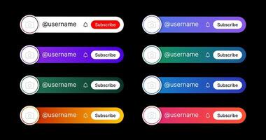 inferior tercero para social medios de comunicación. bar con un botón y un texto título. utilizar para canales, podcasts y televisión. paquete de vector degradado plantillas en un negro antecedentes.