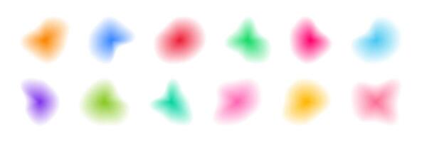 Gradient blur blob shapes. Colored figures with a smooth gradation from bright to transparent. Pack of isolated vector elements on a white background.