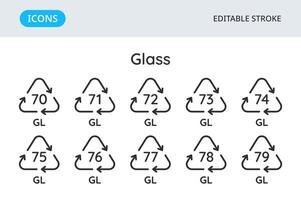 Glass recycling codes icons. Triangular environmental symbols of materials. Set of elements on a white background. Editable stroke. vector