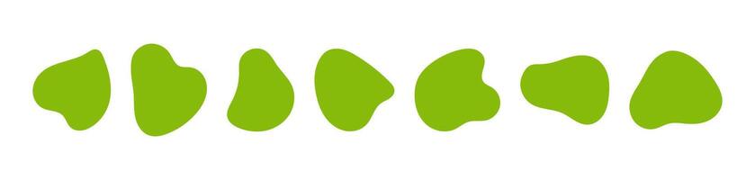 Incorrect blob shapes. Organic abstract forms. Green flowing liquid circles. Collection of asymmetrical isolated vector elements on white background.