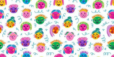 People face, hand drawn funny portraits, modern colorful abstract character in doodle style. Vector seamless pattern