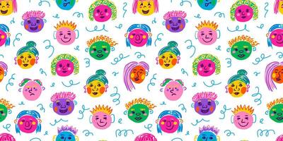 People face, hand drawn funny portraits, modern colorful abstract character in doodle style. Vector seamless pattern