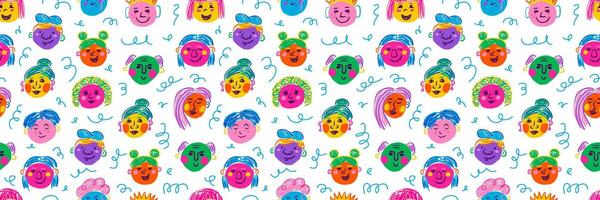 People face, hand drawn funny portraits, modern colorful abstract character in doodle style. Vector seamless pattern