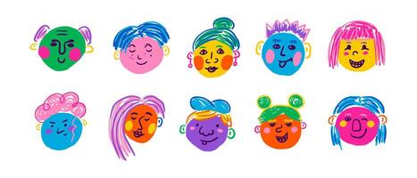 People colorful face set. Funny portraits, modern abstract character in doodle style. Vector hand drawn illustration