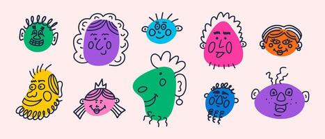 People face set. Funny portraits, modern colorful abstract character in doodle style. Vector hand drawn illustration